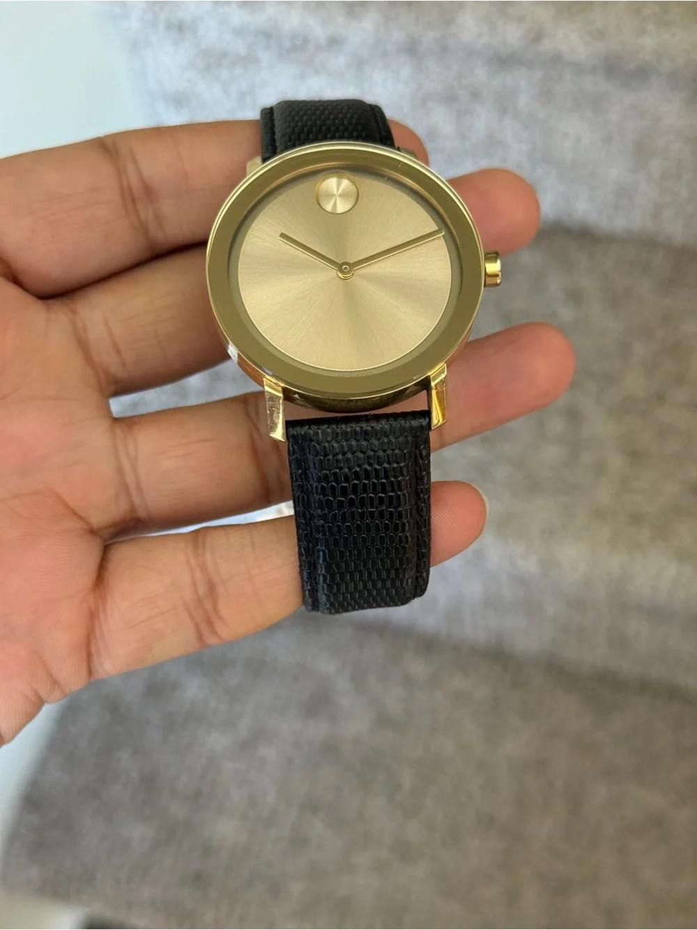 Movado bold Elegant Gold Dial Men's Watch with Black Leather Strap